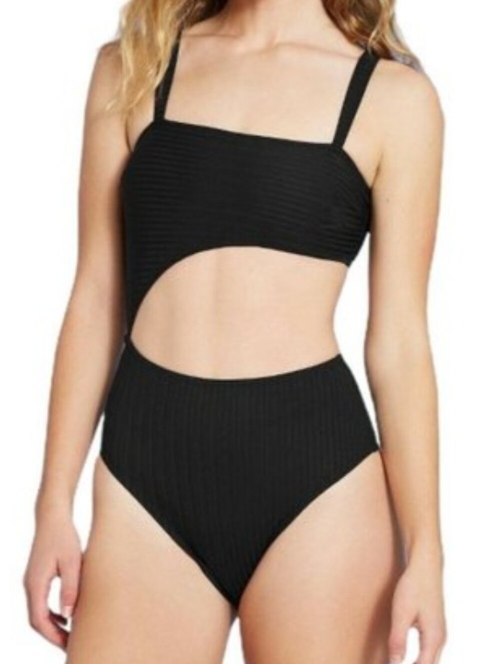 Shade & Shore Black Ribbed Asymmetrical Cutout One-Piece